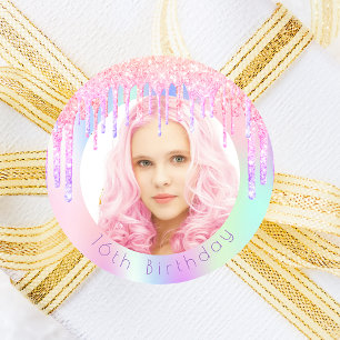 Birthday regenbooglitter druist aangepaste foto ro ronde sticker