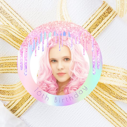 Birthday regenbooglitter druist aangepaste foto ro ronde sticker