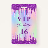 Birthday regenbooglitter paarse VIP-uitnodiging Badge (Voorkant)