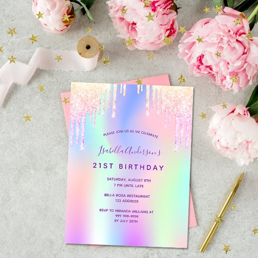 Birthday regenbooglitter roze glazen uitnodiging