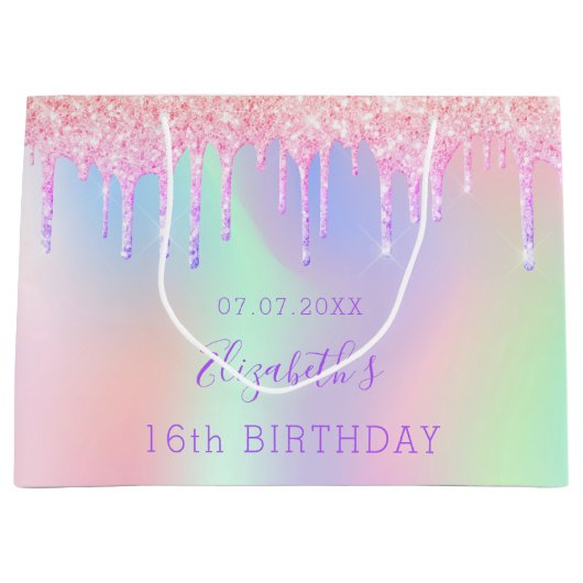 Birthday regenboogroze glitter druppelt monogram groot cadeauzakje (Voorkant)