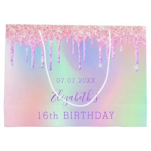 Birthday regenboogroze glitter druppelt monogram groot cadeauzakje (Achterkant)