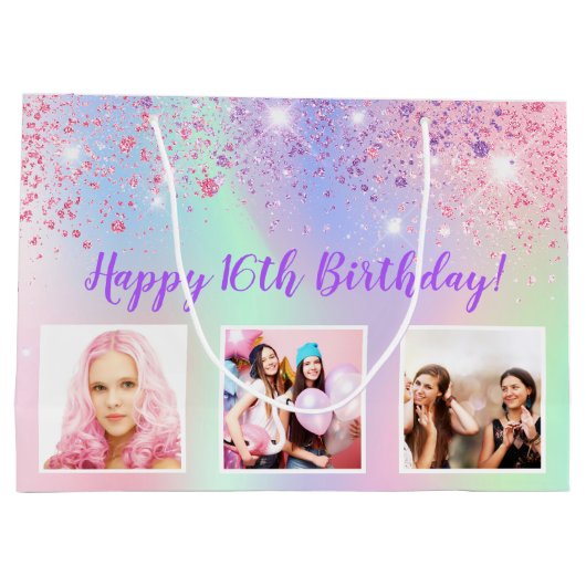 Birthday regenboogroze glitter paarse aangepaste f groot cadeauzakje (Achterkant)