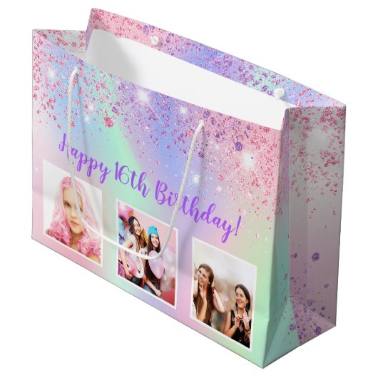 Birthday regenboogroze glitter paarse aangepaste f groot cadeauzakje (Voorkant Gekanteld)