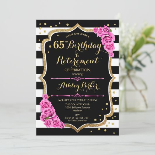 Birthday & Retirement Party - Black roze Gold Kaart (Staand voorkant)