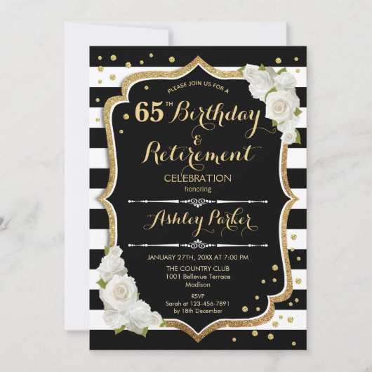 Birthday & Retirement Party - Black White Gold Kaart (Voorkant)