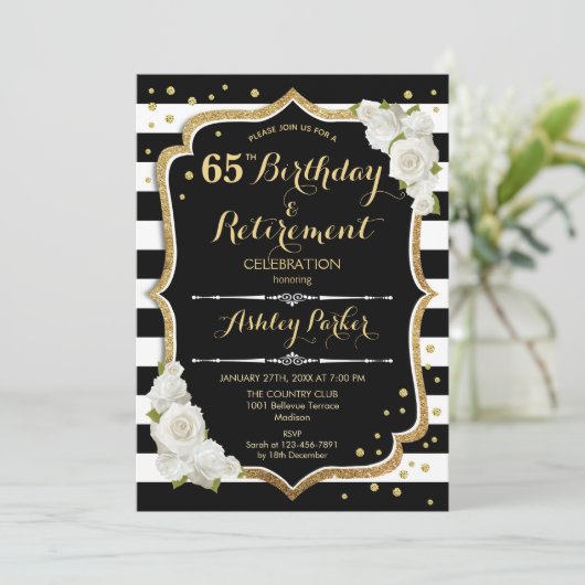 Birthday & Retirement Party - Black White Gold Kaart (Staand voorkant)