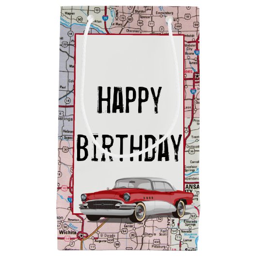 Birthday Retro Buick On Map Klein Cadeauzakje (Voorkant)