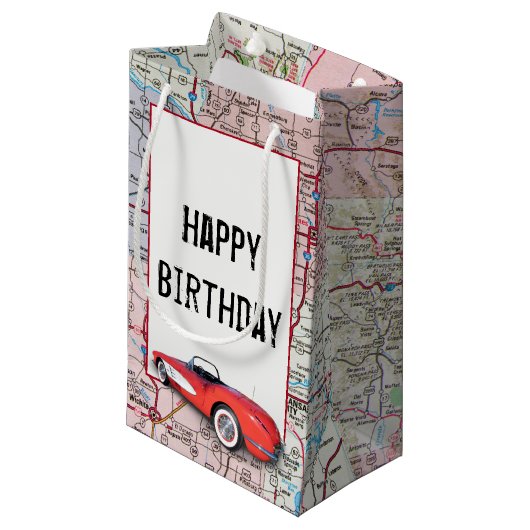 Birthday Retro Buick on Map Small Gift Bag Klein Cadeauzakje (Voorkant Gekanteld)