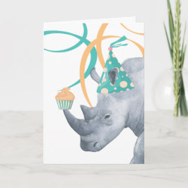 Birthday Rhino in Party Pet met een Cupcake op Hor Kaart