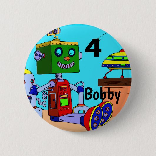 Birthday Robot Button Pin Custom AGE NAME (Voorkant)