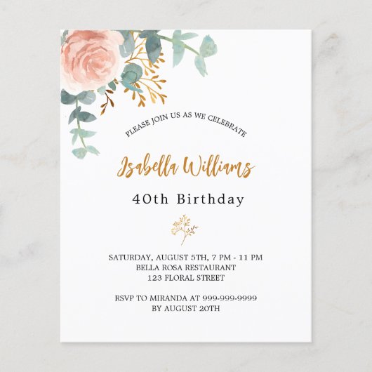 Birthday roos floral eucalyptus budget uitnodiging flyer (Voorkant)