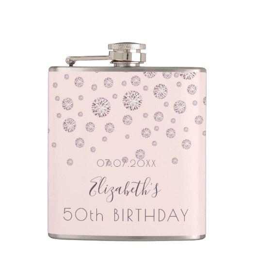 Birthday roos gold blush diamanten monogram heupfles (Voorkant)