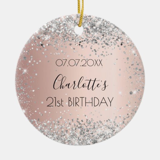 Birthday roos gold blush Silver glitter name Keramisch Ornament (Voorkant)
