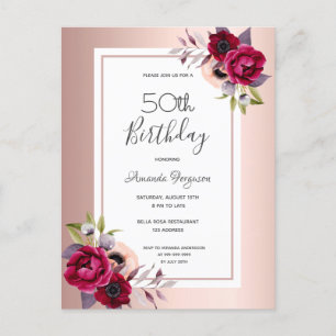 Birthday roos gold burgundy floral call briefkaart