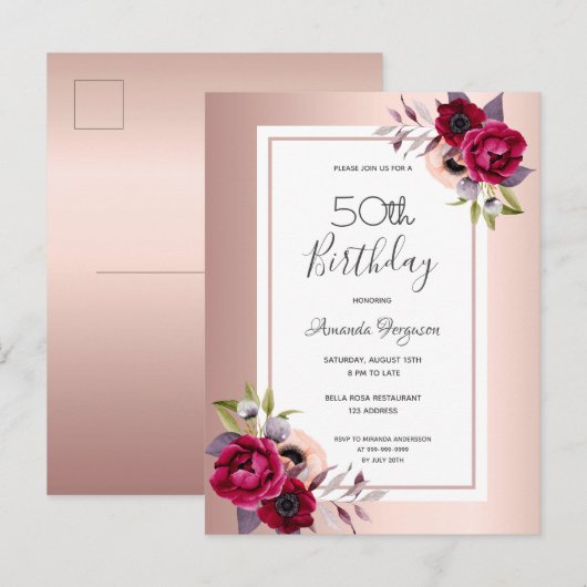 Birthday roos gold burgundy floral call briefkaart (Voorkant / Achterkant)
