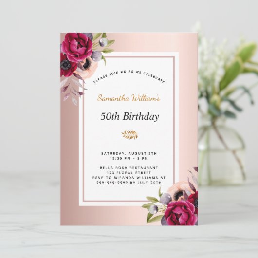 Birthday roos gold burgundy floral call kaart (Staand voorkant)