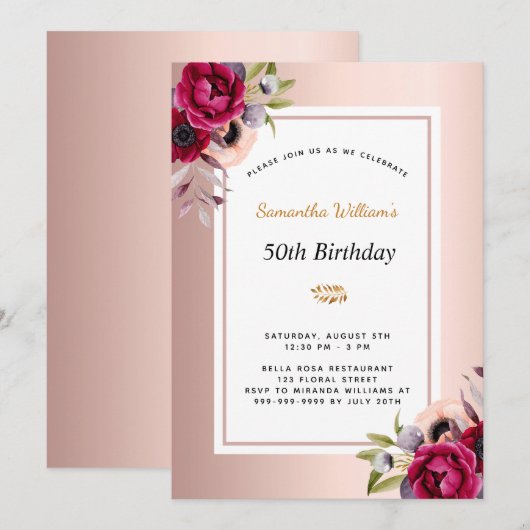 Birthday roos gold burgundy floral call kaart (Voorkant / Achterkant)