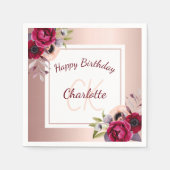 Birthday roos gold burgundy floral monogram napkin servet (Voorkant)
