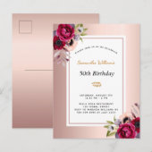 Birthday roos gold burgundy floral uitnodiging briefkaart (Voorkant / Achterkant)