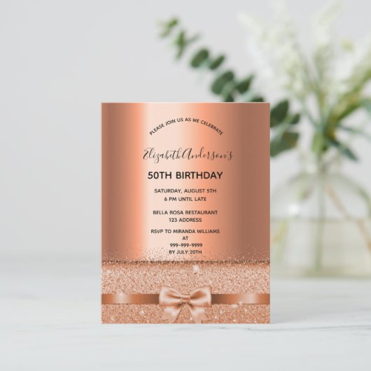 Birthday roos gold elegant-uitnodiging briefkaart (Staand voorkant)