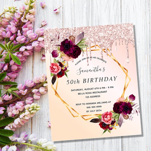 Birthday roos gold floral budget invitation flyer