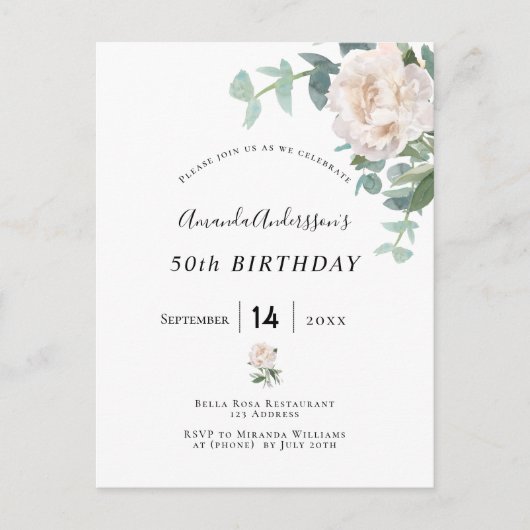 Birthday roos gold floral whitegreenery elegant briefkaart (Voorkant)