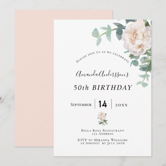 Birthday roos gold floral whitegreenery elegant kaart (Voorkant / Achterkant)