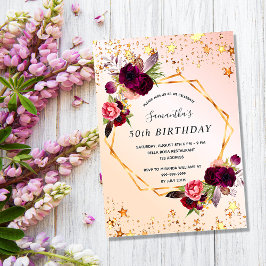 Birthday roos gold florals burgundy-uitnodiging briefkaart