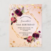 Birthday roos gold florals burgundy-uitnodiging briefkaart (Voorkant)