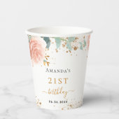 Birthday roos gold florals eucalyptus glitter name papieren bekers (Voorkant)