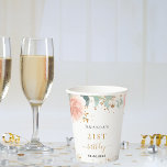 Birthday roos gold florals eucalyptus glitter name papieren bekers<br><div class="desc">Voor een elegant 21ste (of elke leeftijd) verjaardagsfeestje. Een chique witte achtergrond. Versierd met rozen gouden en blozend roze bloemblaadjes,  rozen en groene watergekleurde eucalyptusbladeren,  takjes,  groen en faux gouden takjes. Gouden glitterstof. Personaliseer en voeg een naam,  leeftijd en een datum toe. Zwarte en gouden letters.</div>