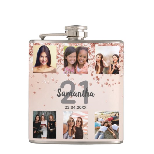 Birthday roos gold foto collage naam heupfles (Voorkant)