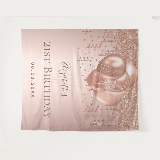 Birthday roos gold glitter balloons monogram wandkleed (Voorkant (horizontaal))