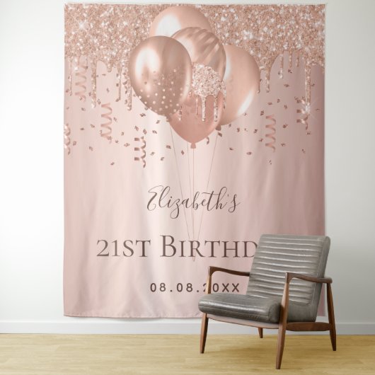 Birthday roos gold glitter balloons monogram wandkleed (In situ)