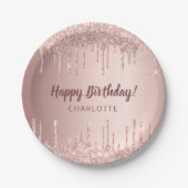 Birthday roos gold glitter drip monogram luxe papieren bordje (Voorkant)