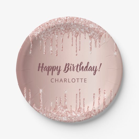 Birthday roos gold glitter drip monogram luxe papieren bordje (Voorkant)