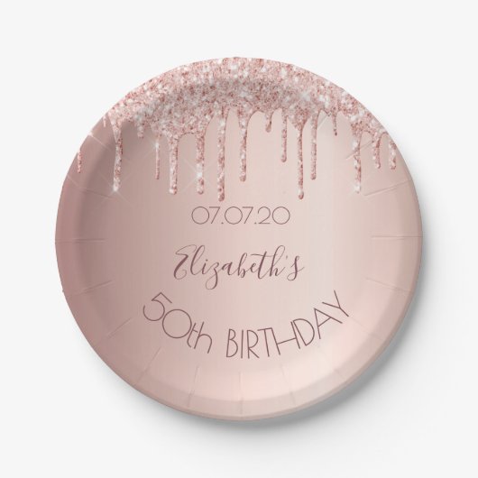 Birthday roos gold glitter druppelt glamouros name papieren bordje (Voorkant)