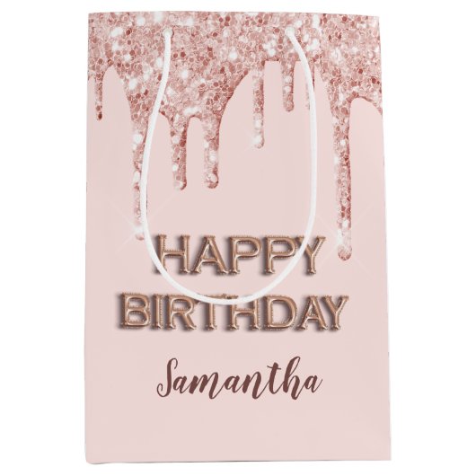 Birthday roos gold glitter druppelt monogram luxe medium cadeauzakje (Voorkant)
