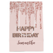Birthday roos gold glitter druppelt monogram luxe medium cadeauzakje (Achterkant)
