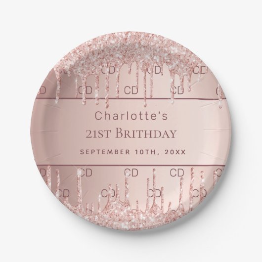 Birthday roos gold glitter monogram initiaal naam papieren bordje (Voorkant)
