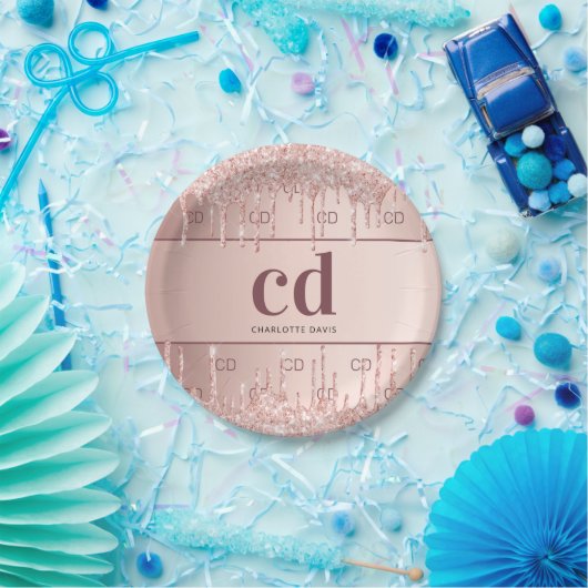 Birthday roos gold glitter monogram initiaal naam papieren bordje (Feest)