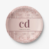 Birthday roos gold glitter monogram initiaal naam papieren bordje (Voorkant)