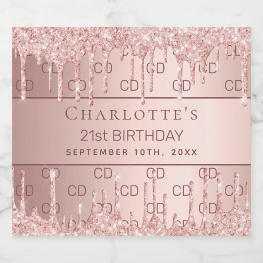 Birthday roos gold glitter monogram initiaal sparkling wijnetiket (Enkel label)