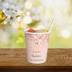 Birthday roos gold glitter monogram naam papieren bekers