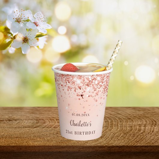 Birthday roos gold glitter monogram naam papieren bekers