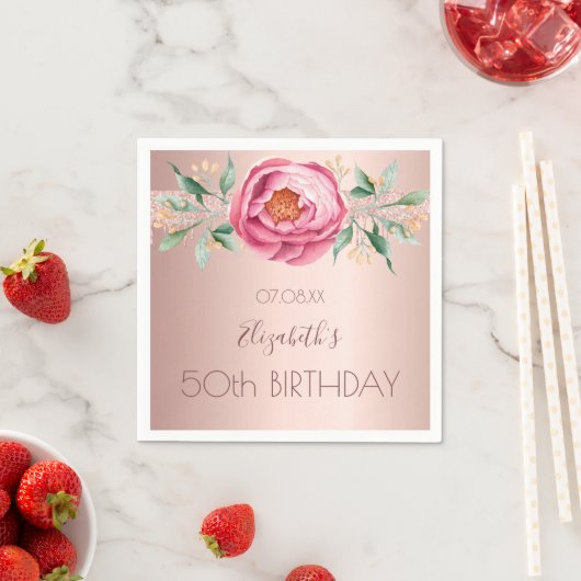 Birthday roos gold glitter roze florons servet (Insitu)