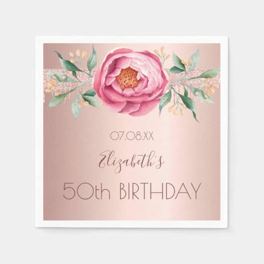 Birthday roos gold glitter roze florons servet (Voorkant)