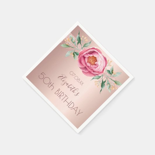 Birthday roos gold glitter roze florons servet (Hoek)