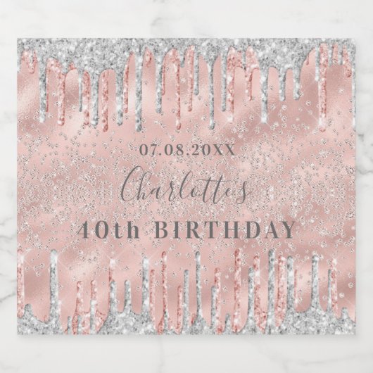 Birthday roos gold glitter Silver Monogram luxe Sparkling Wijnetiket (Enkel label)
